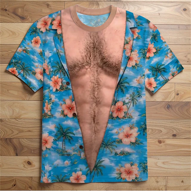 Men 3D Hawaiian Muscle Print Shirt Beige Palm Tree Summer Top