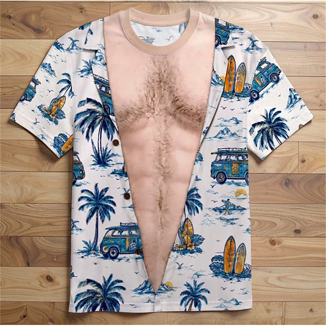 Men 3D Hawaiian Muscle Print Shirt Blue Floral Beach Top
