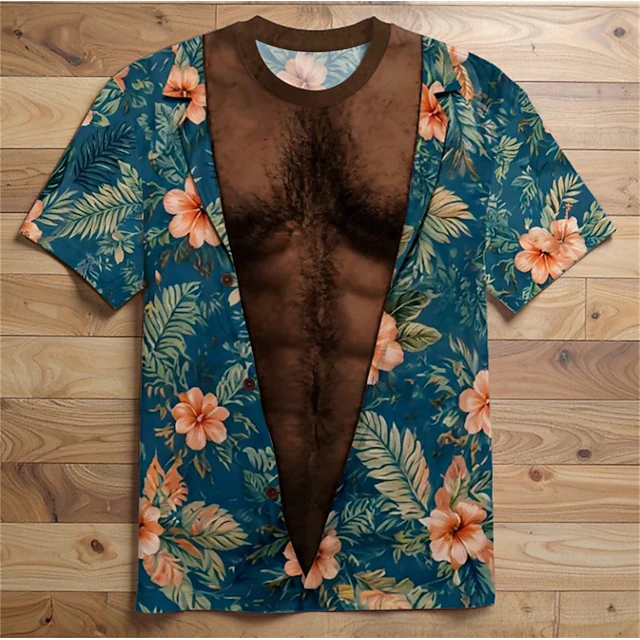 Men 3D Hawaiian Muscle Print Shirt White Tropical Beach Top